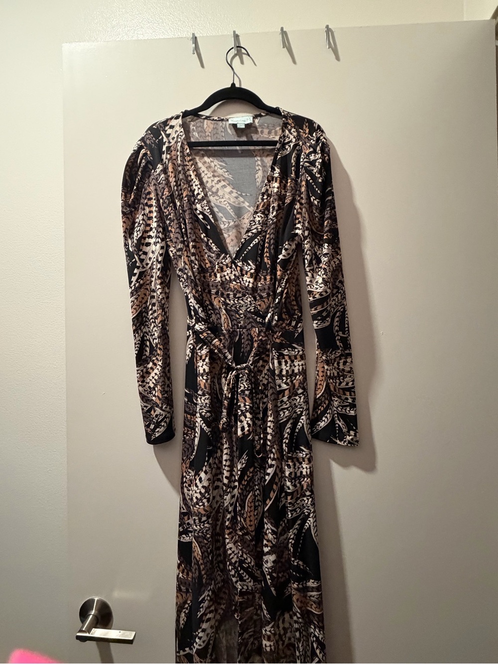 Veronica M Black and Beige Printed Long Sleeve Wrap Dress